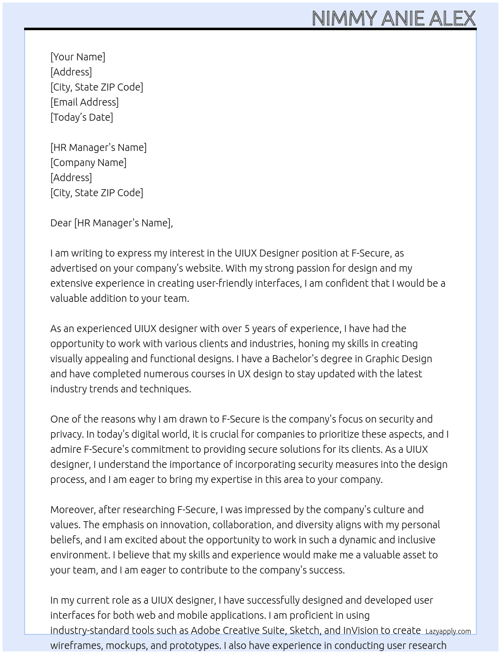 UIUX designer  At f-secure Cover Letter