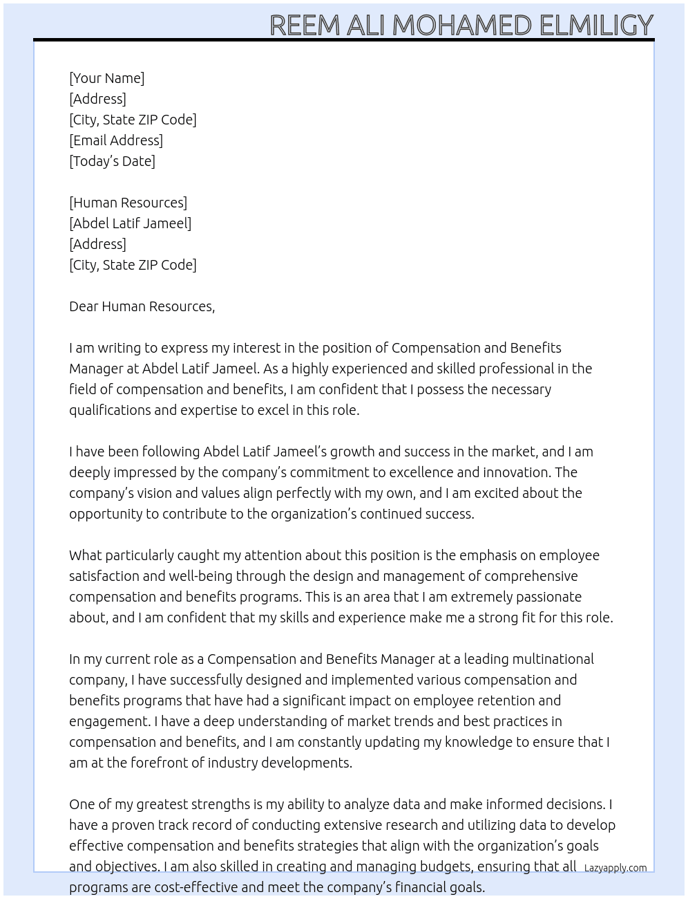 Compensation and benefits manager At Abdel Latif Jameel Cover Letter