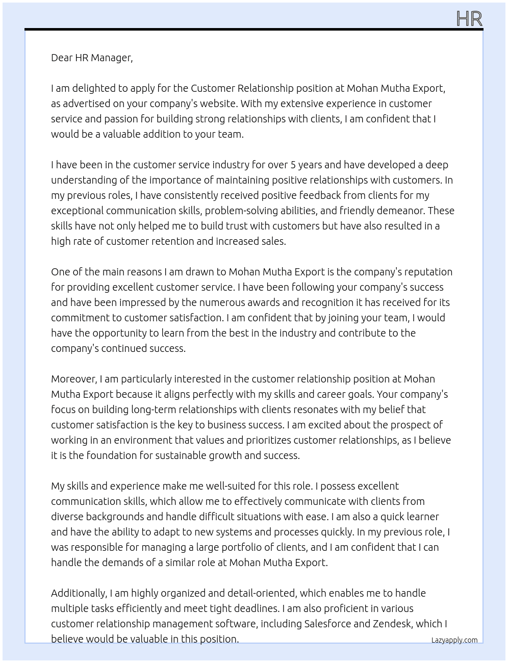 Customer relationship  At Mohan mutha export  Cover Letter