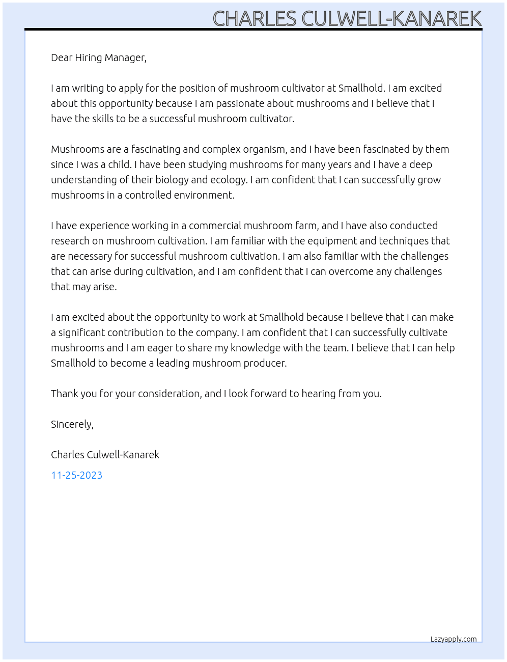 Mushroom cultivator At Smallhold Cover Letter