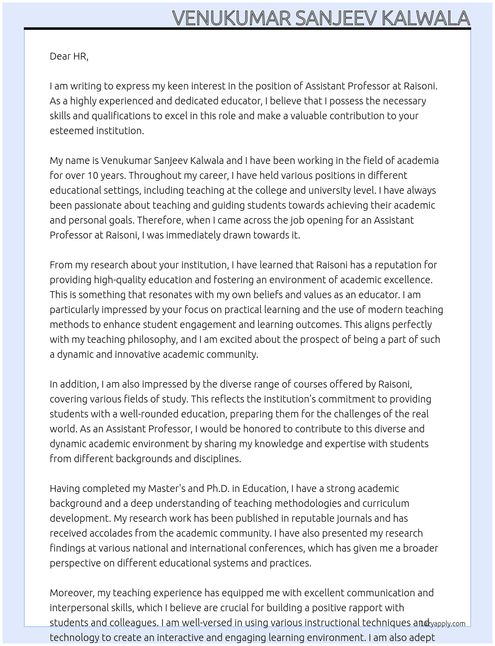 assistant professor At Raisoni Cover Letter