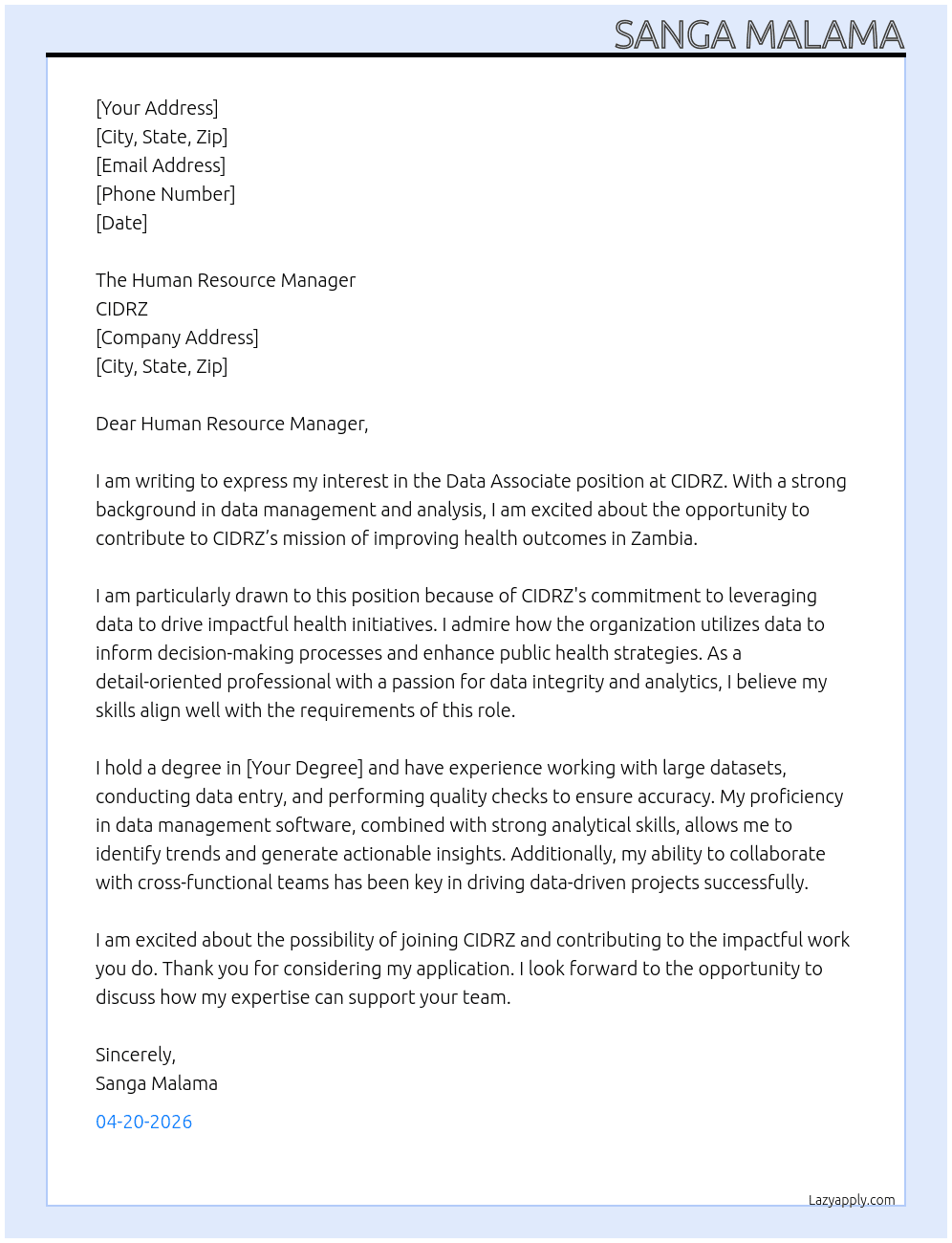 Data Associate At CIDRZ Cover Letter