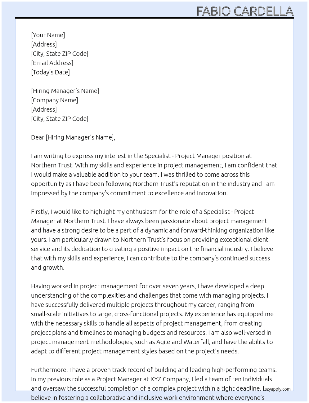 Specialist - Project Manager At Northern Trust Cover Letter