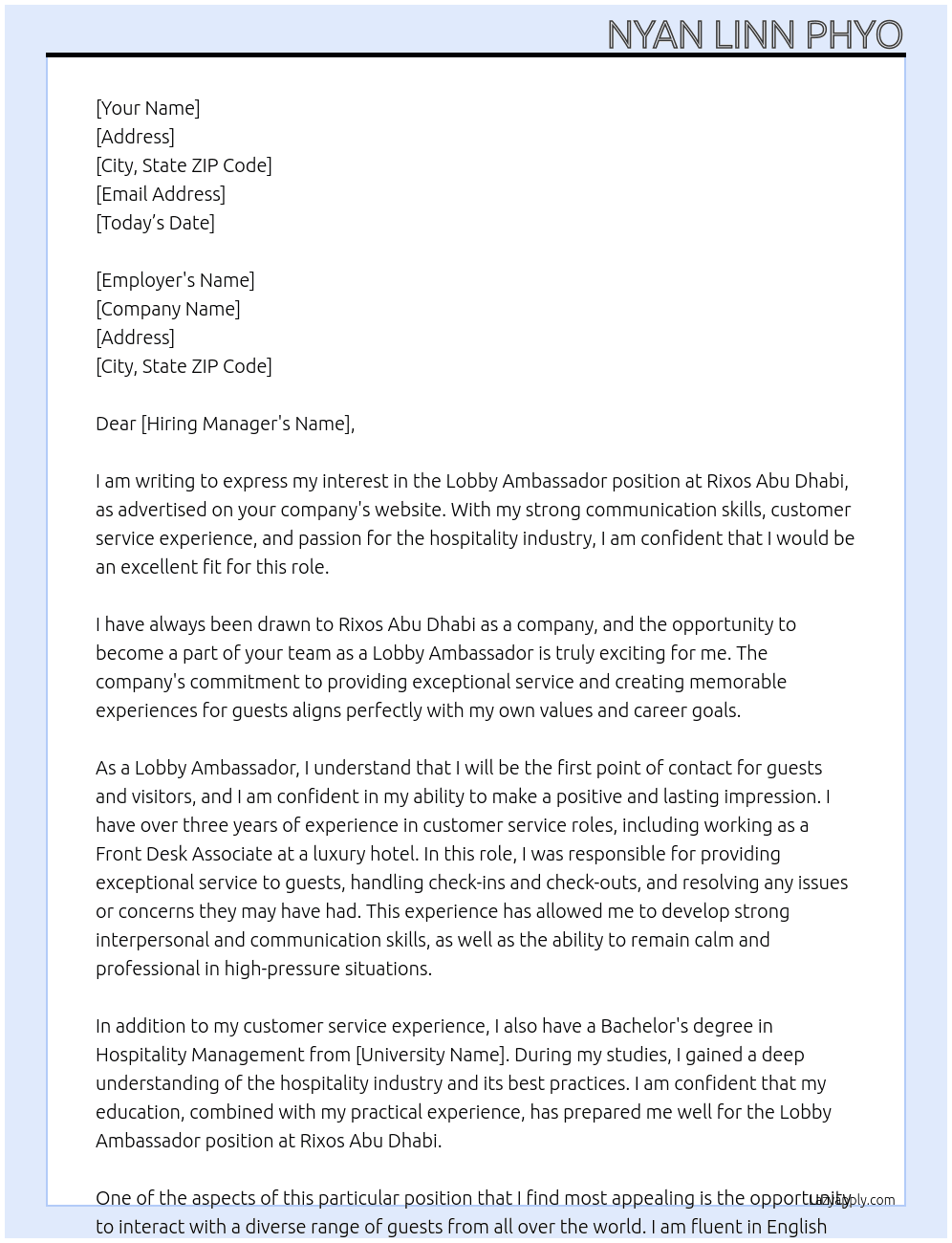 Lobby Ambassador At Rixos Abu Dhabi Cover Letter
