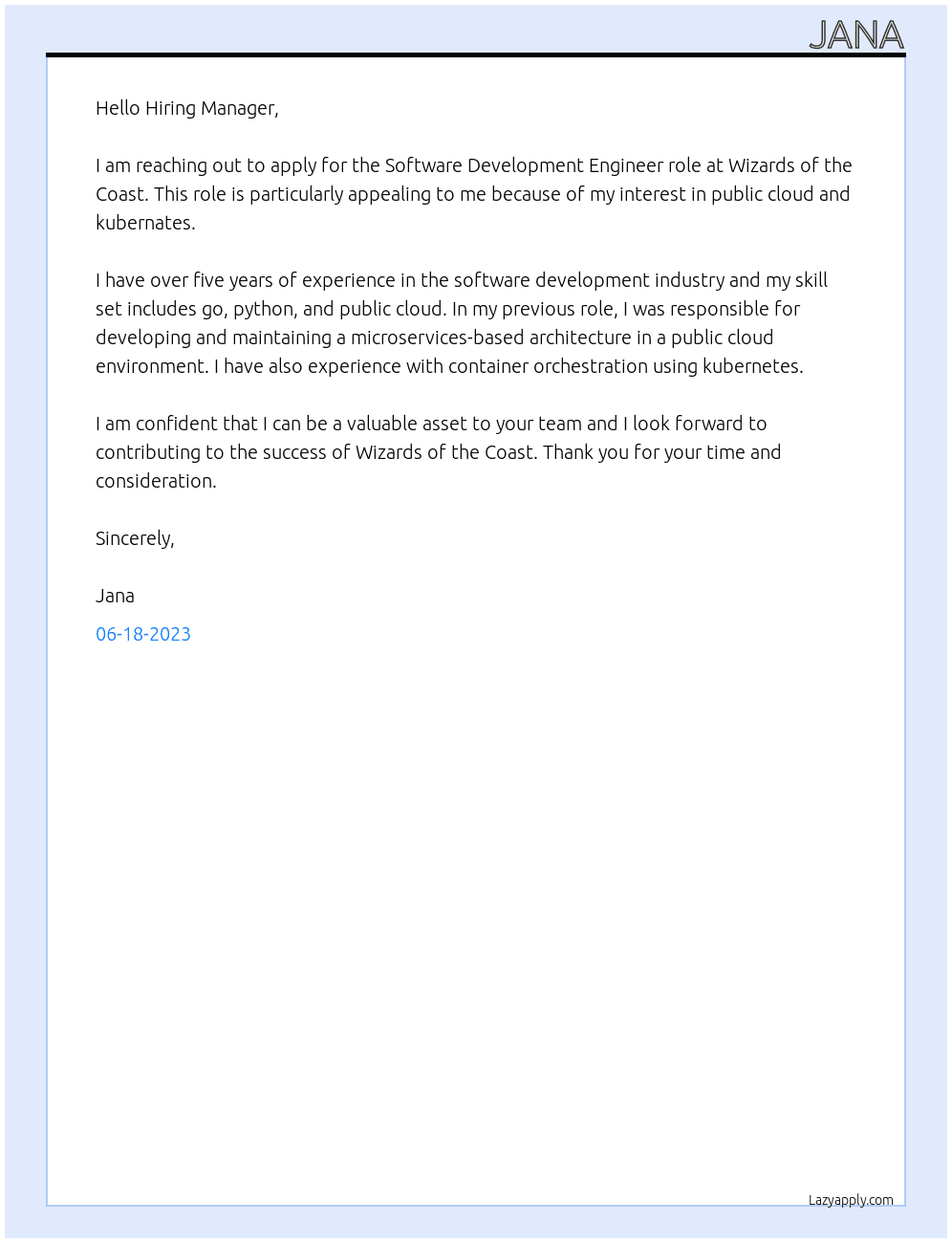 Software Development Engineer At Wizards of the Coast Cover Letter