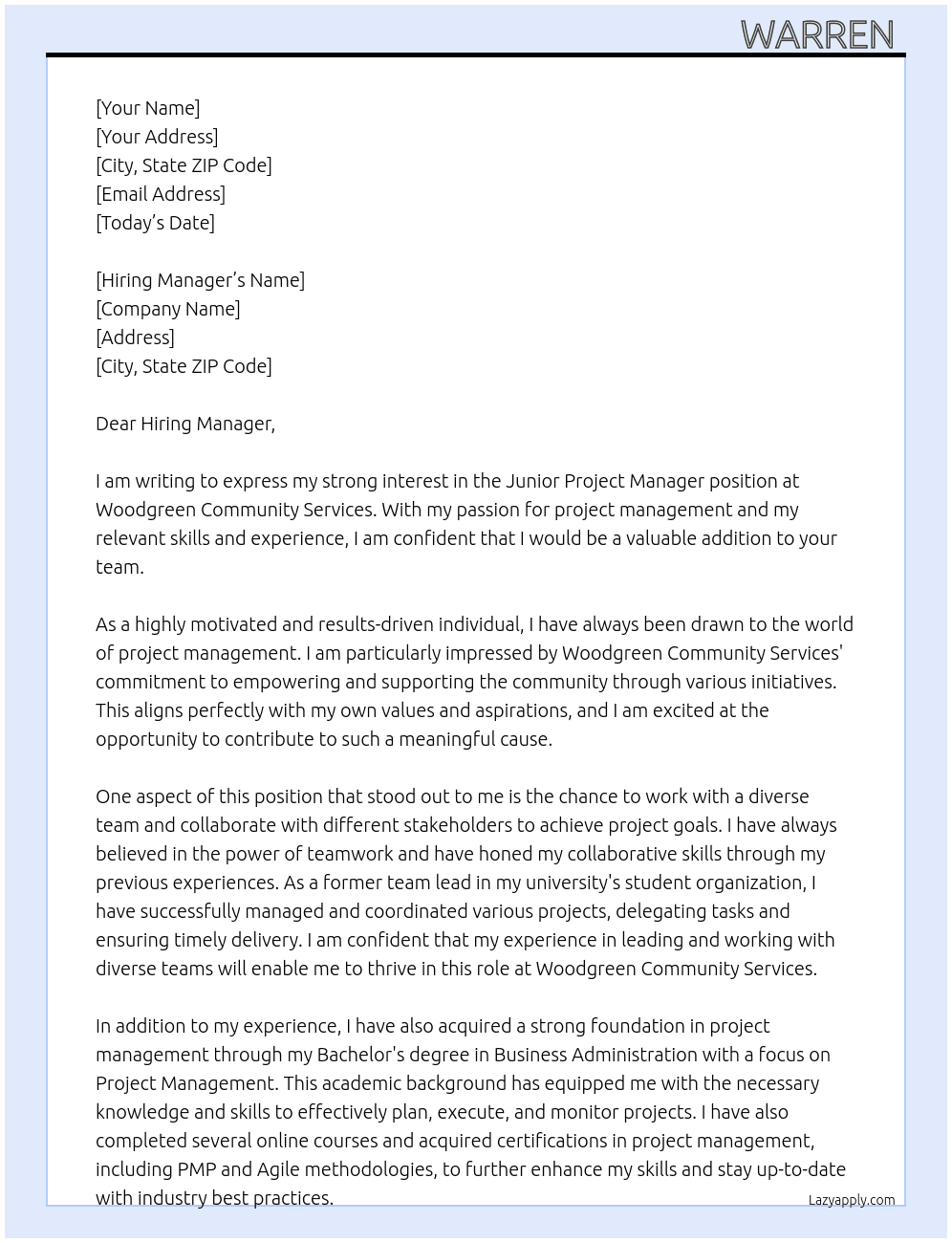 Junior Project Manager At Woodgreen Community Services Cover Letter