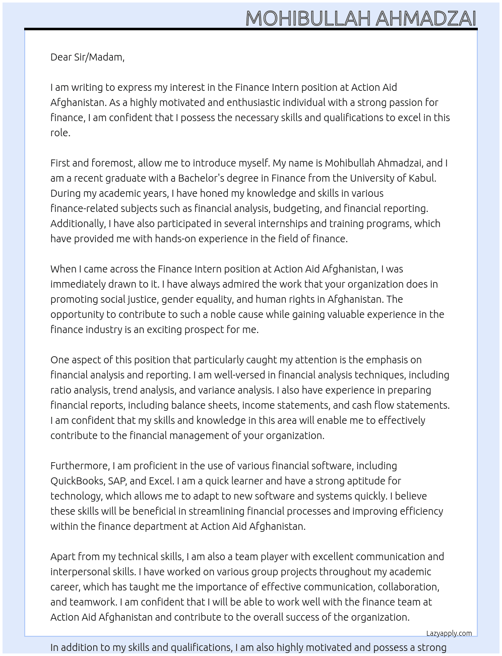 Finance intern  At Action Aid Afghanistan Cover Letter