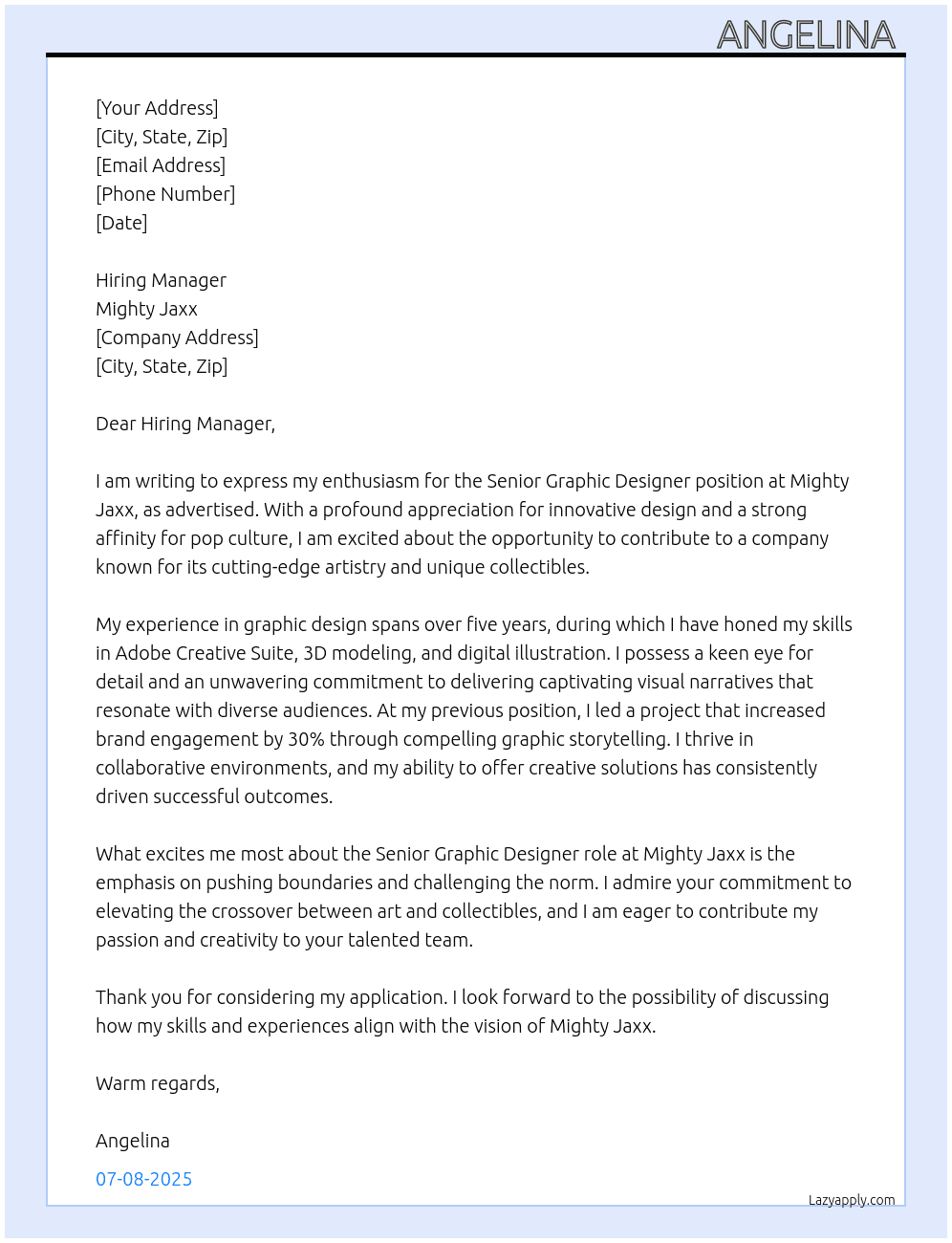 senior graphic designer  At mighty jaxx  Cover Letter