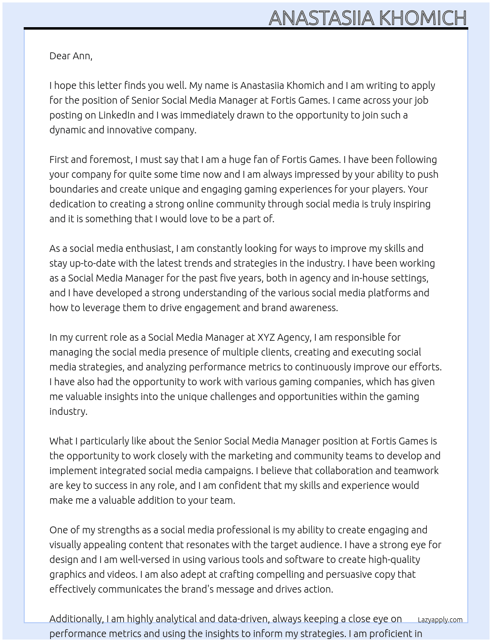 Senior Social Media Manager At Fortis Games Cover Letter