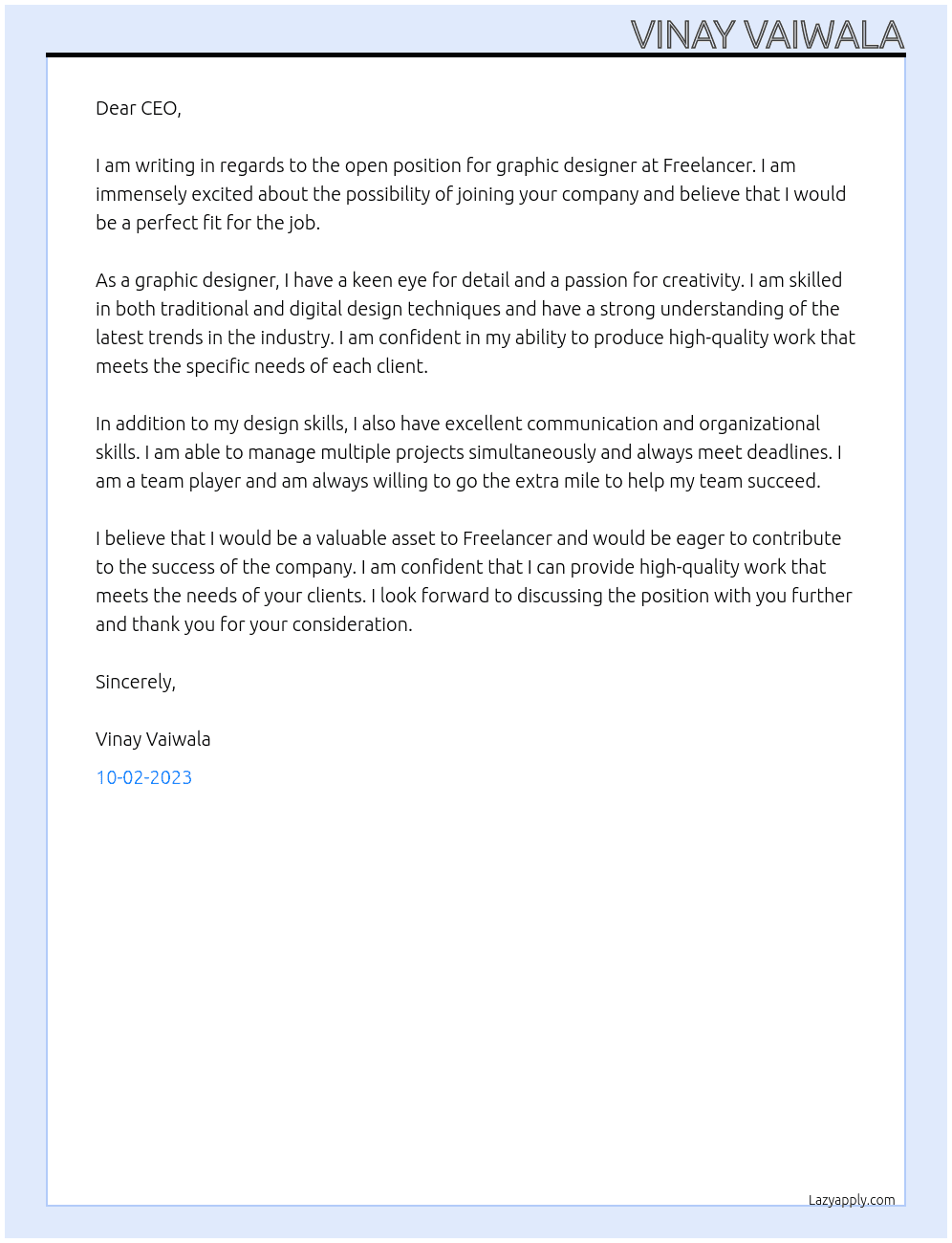 GRAPHIC DESIGNER At FREELANSER Cover Letter