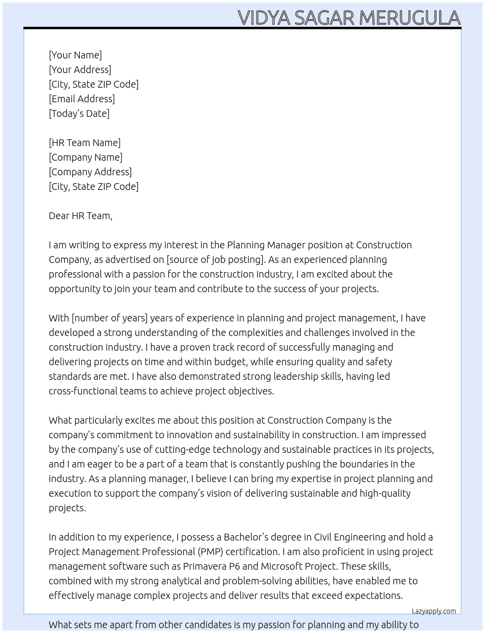 Cover letter for planning manager - LazyApply