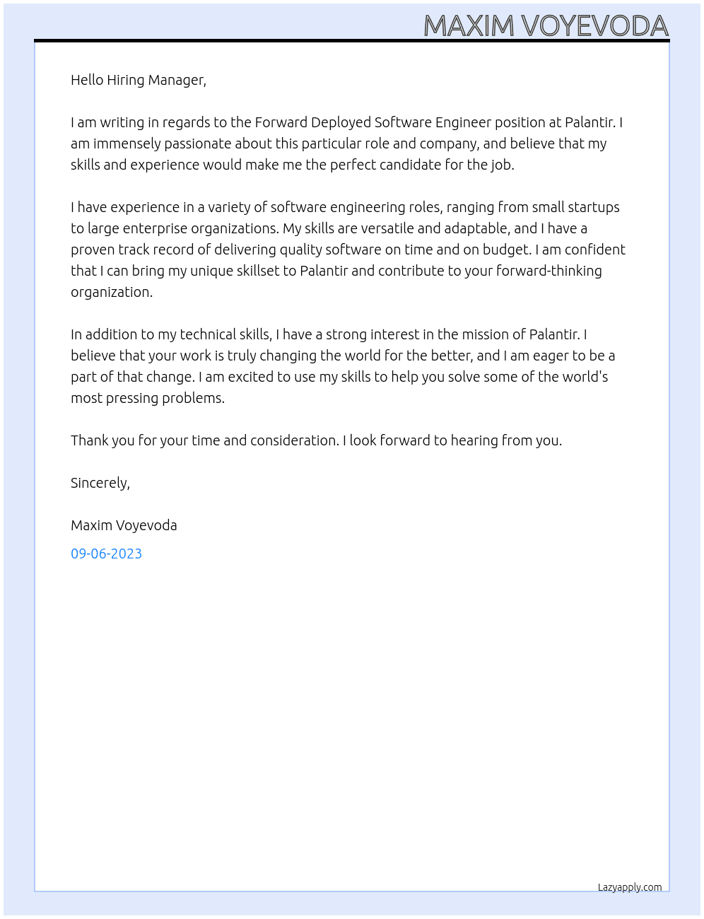Forward Deployed Software Engineer At Palantir Cover Letter
