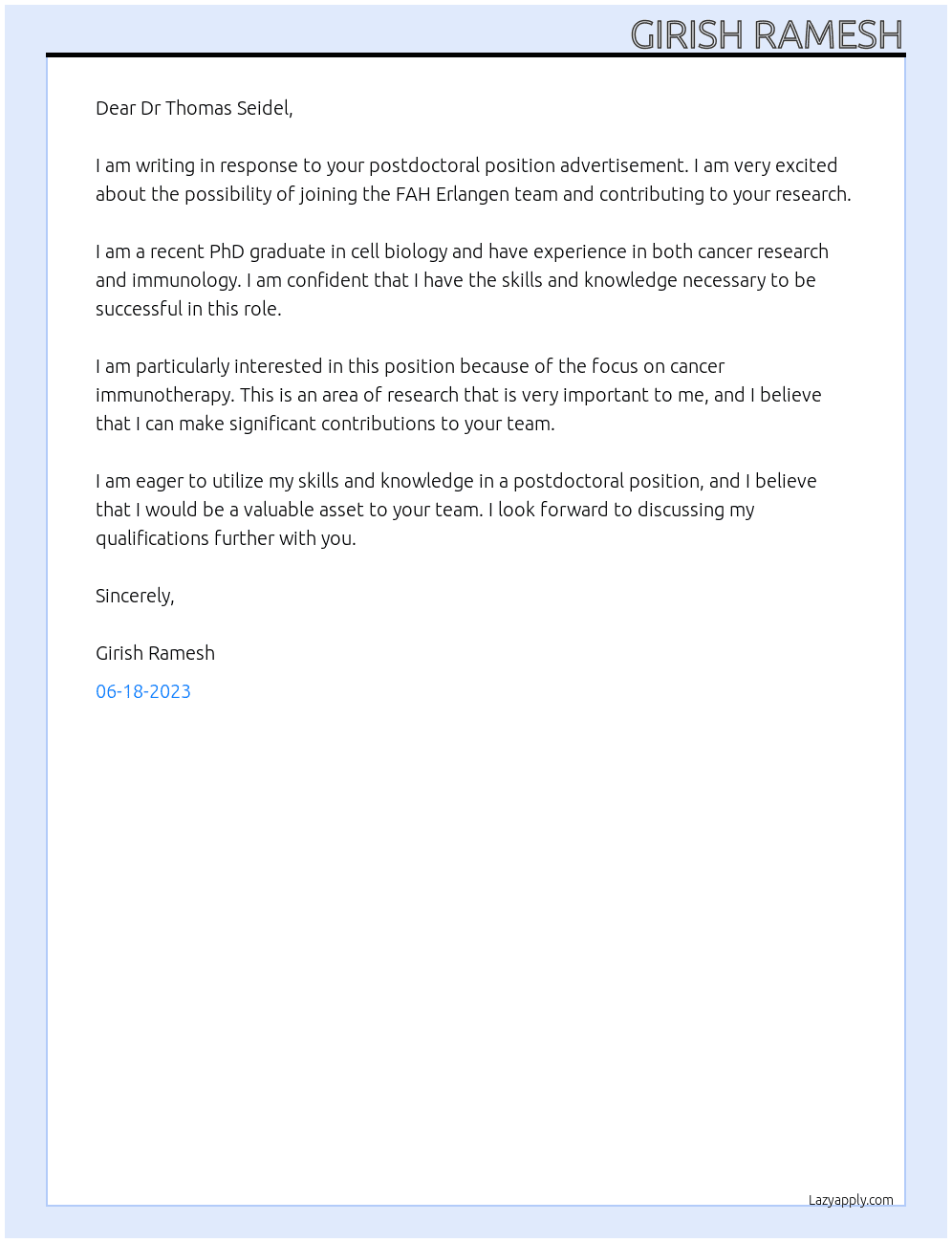 Post doctorla position At FAH Erlangen Cover Letter