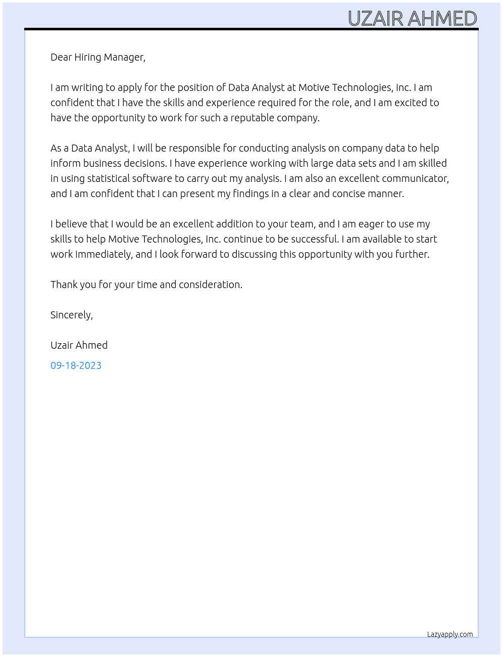 Data Analyst At Motive Technologies, Inc. Cover Letter