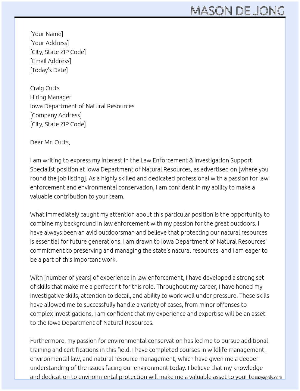 Law Enforcement & Investigation Support Specialist At Iowa Department of Natural Resources Cover Letter
