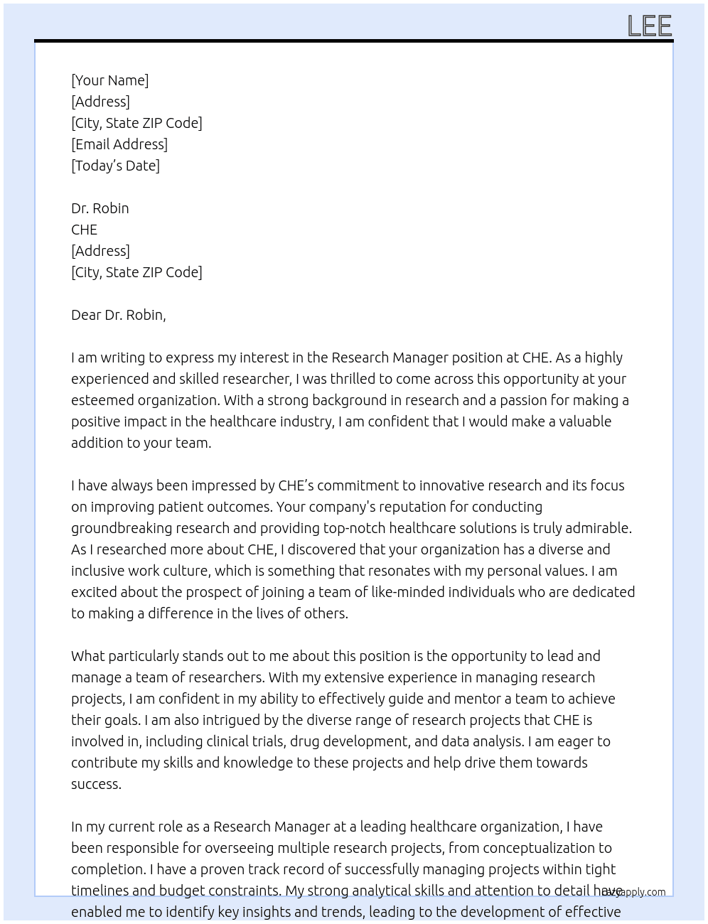 Research Manager At CHE Cover Letter