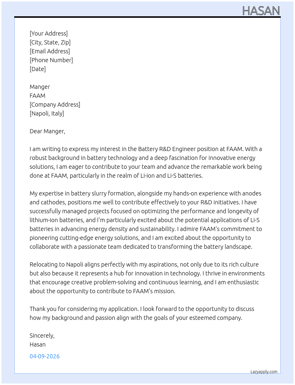 Battery R&D Engineer At FAAM Cover Letter