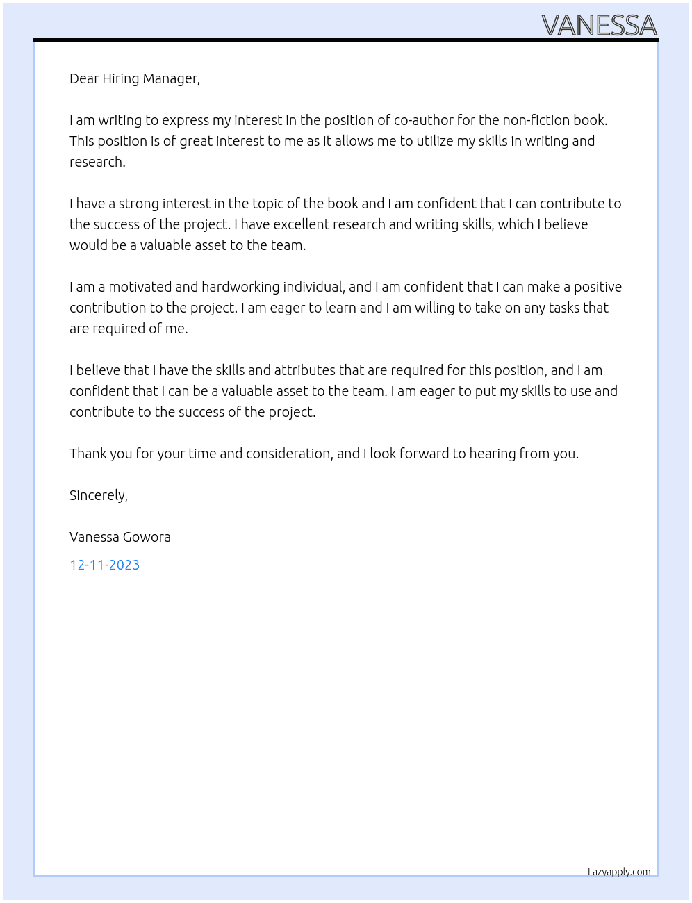 Co-author non-fiction book At Vanessa Gowora Cover Letter