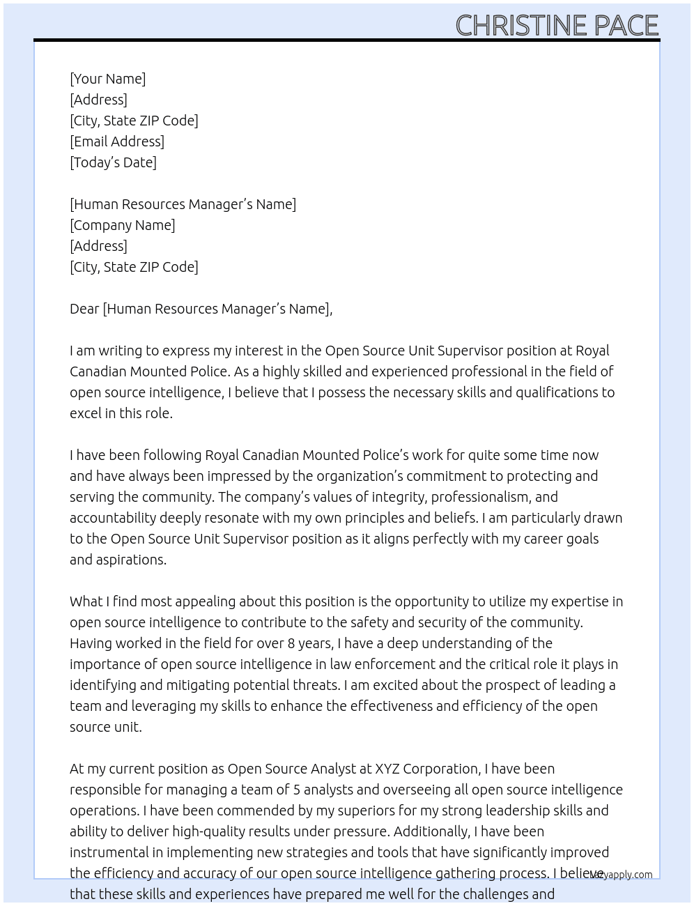 Open Source Unit Supervisor At Royal Canadian Mounted Police Cover Letter