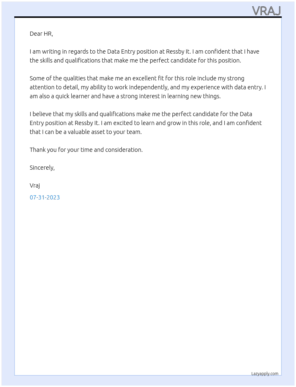 Data Entry At Ressby It Cover Letter