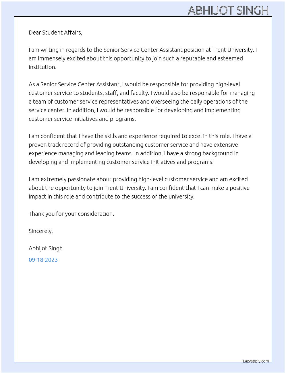 Senior service center assistant  At Trent University  Cover Letter