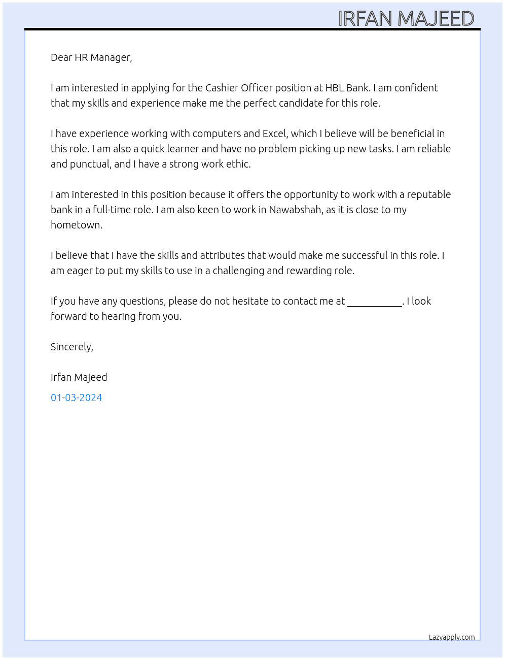 Cashier officer  At HBL BANK Cover Letter