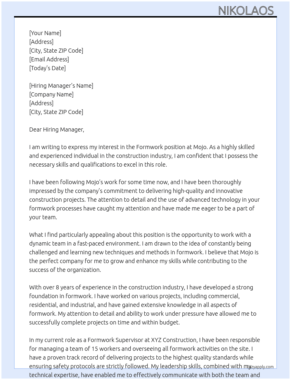Formwork At Mojo Cover Letter