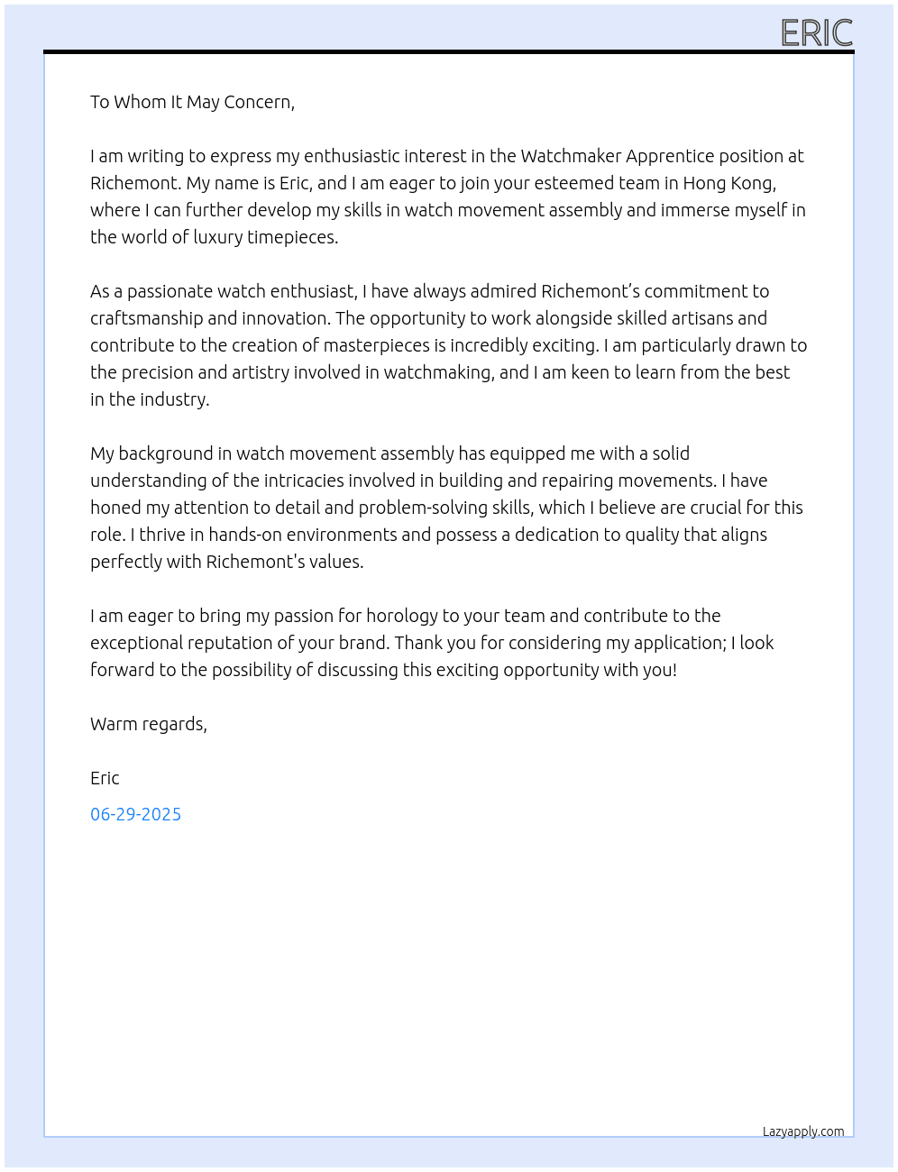 Watchmaker Apprentice At Richemont Cover Letter