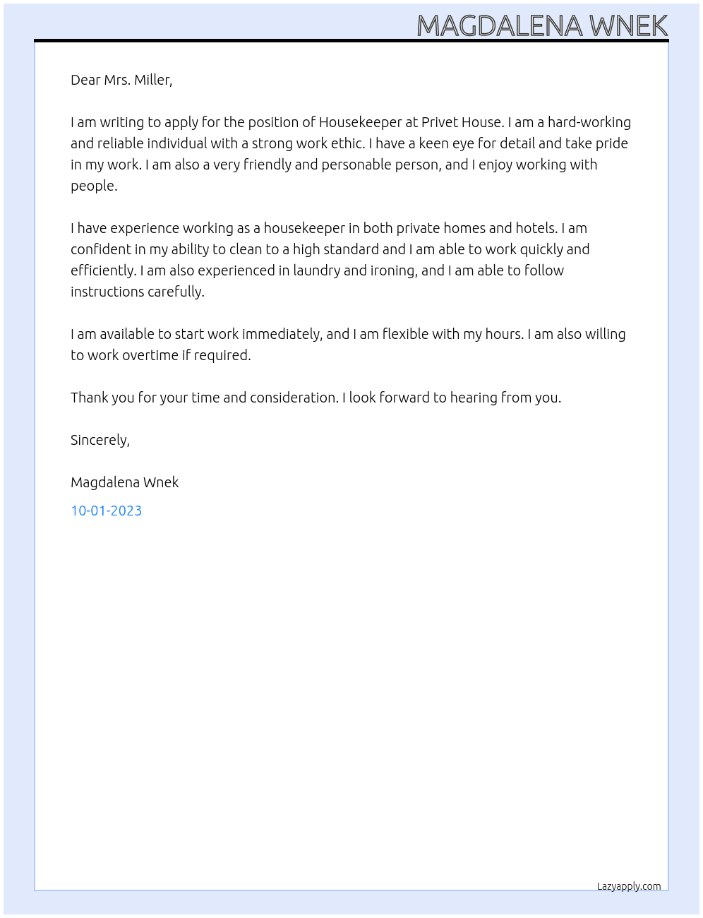 Housekeeper At Privet house Cover Letter