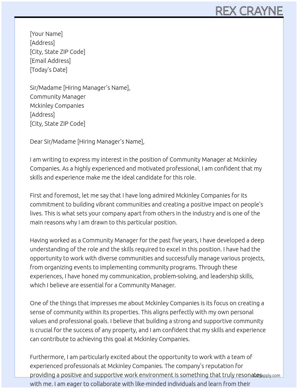 Community Manager At Mckinley Companies Cover Letter