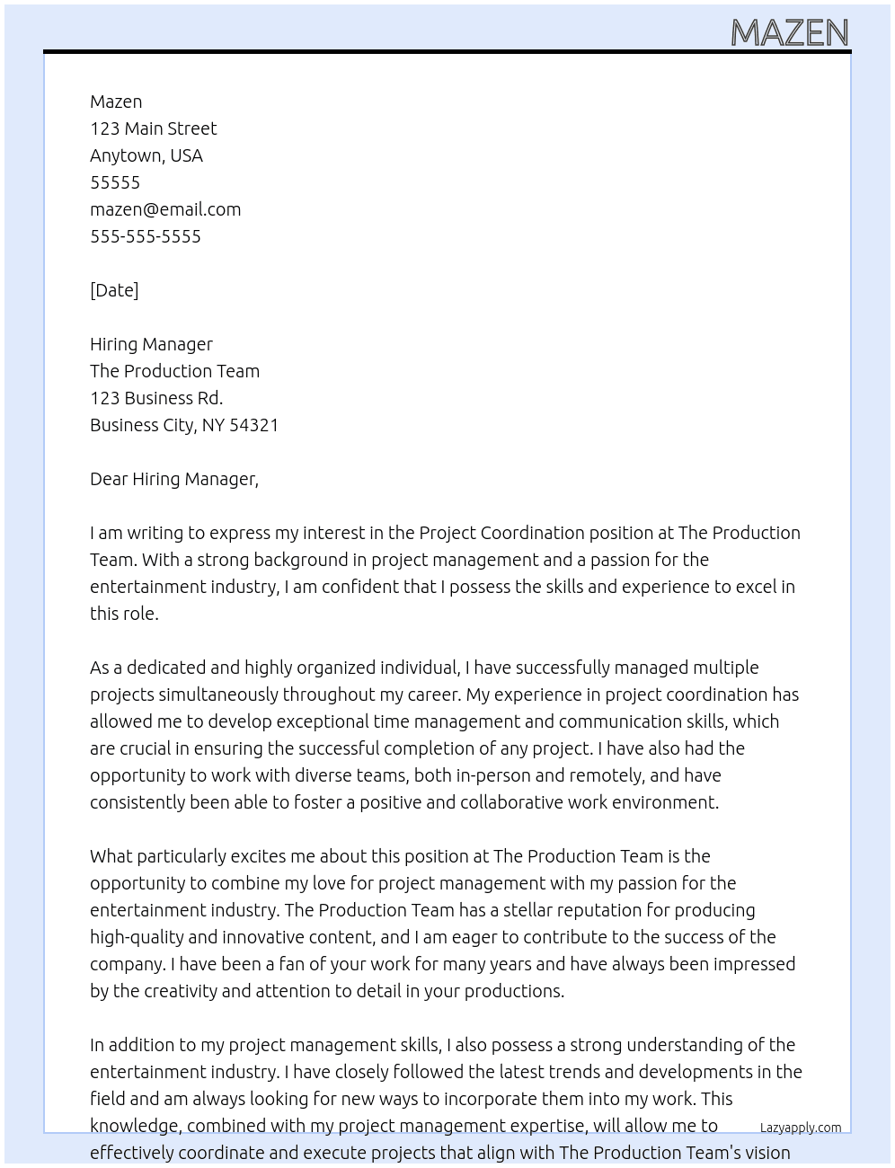 project coordination  At The production team Cover Letter