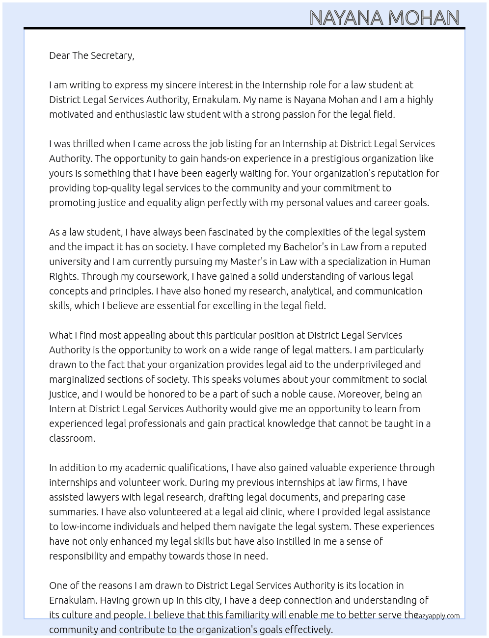 Internship as a law student  At District legal services authority, Ernakulam  Cover Letter