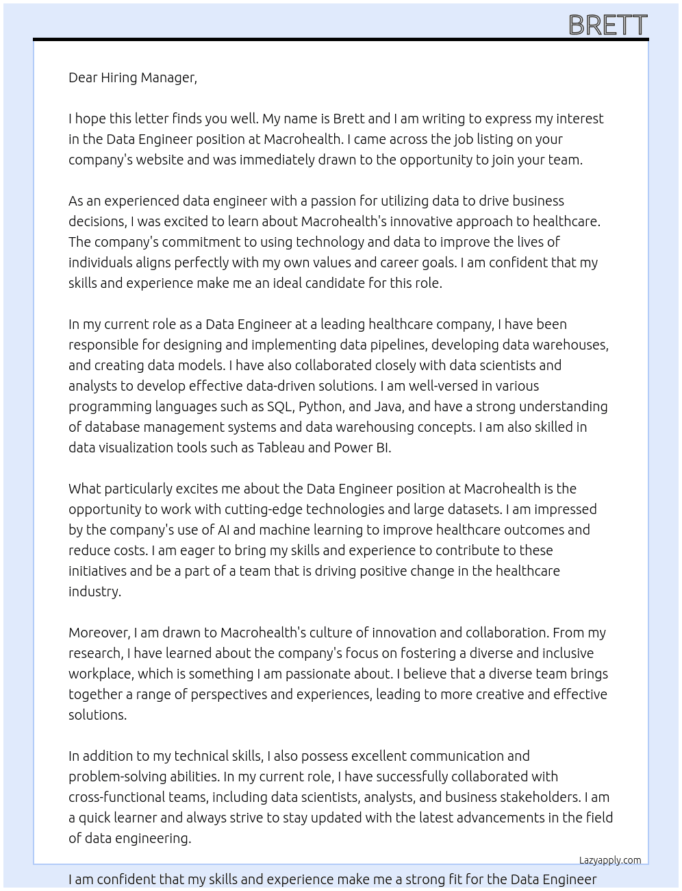 data engineer At macrohealth Cover Letter