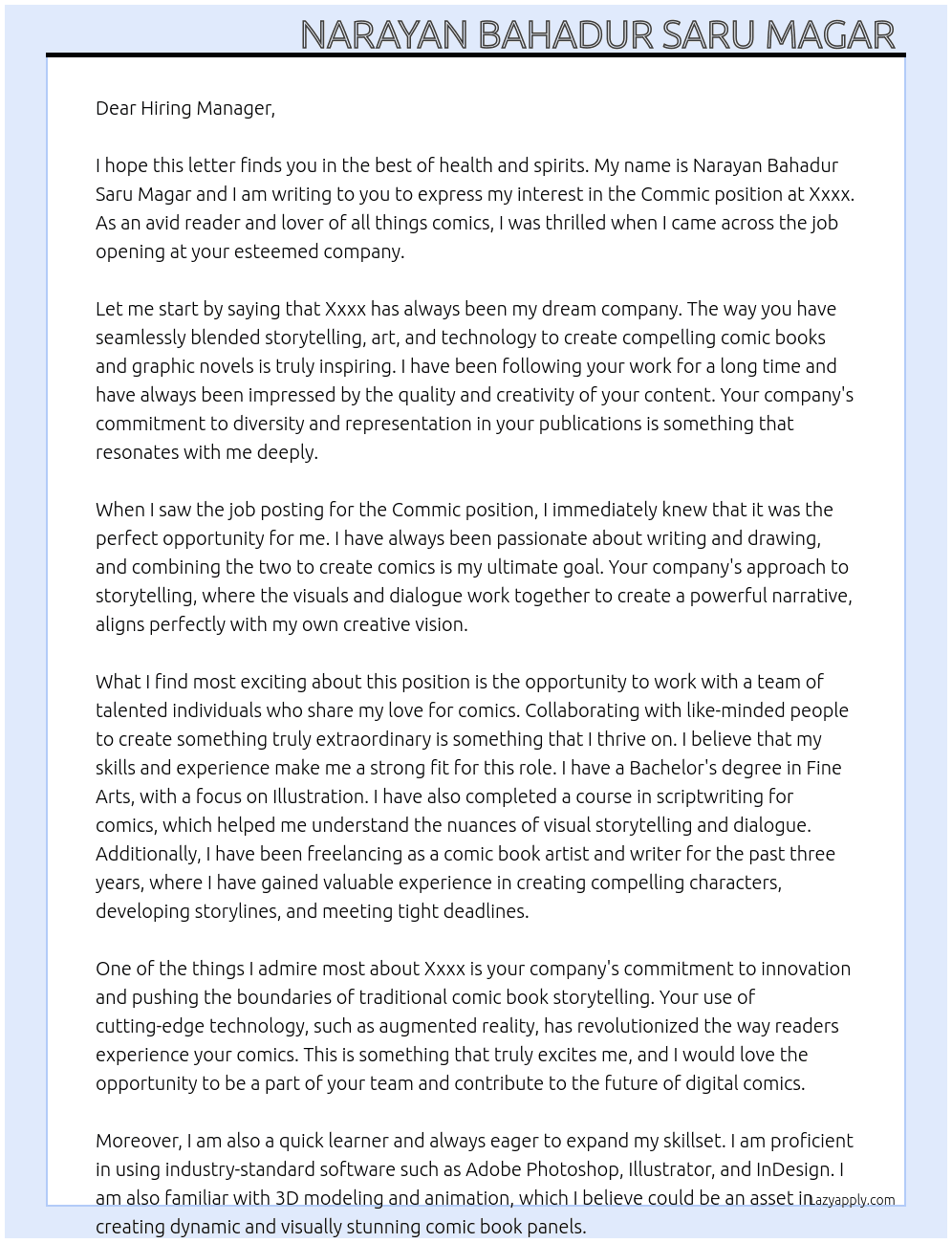 Commic At Xxxx Cover Letter