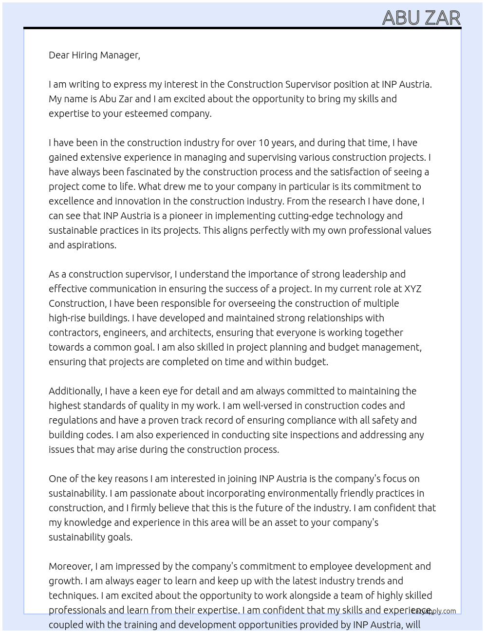 Construction supervisor At INP Austria Cover Letter