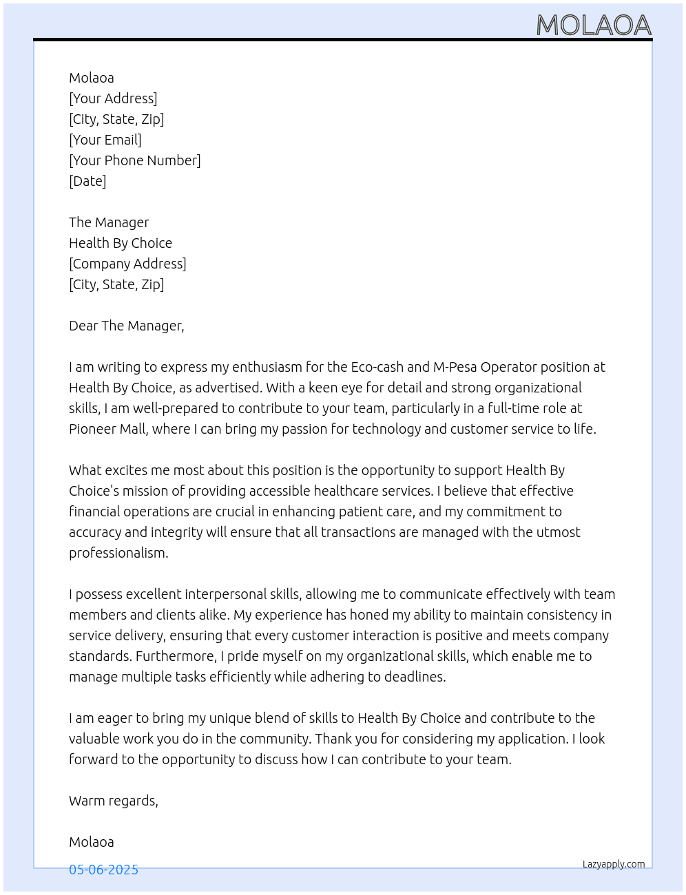 Cover letter for eco-cash and m-pesa operator - LazyApply