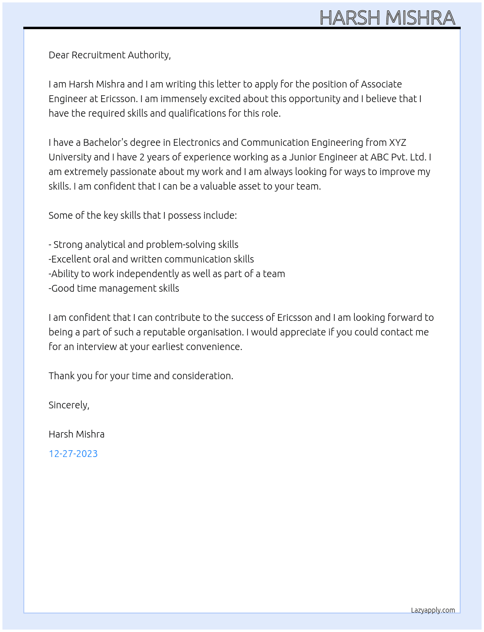 Associate Engineer  At ERICSSON Cover Letter