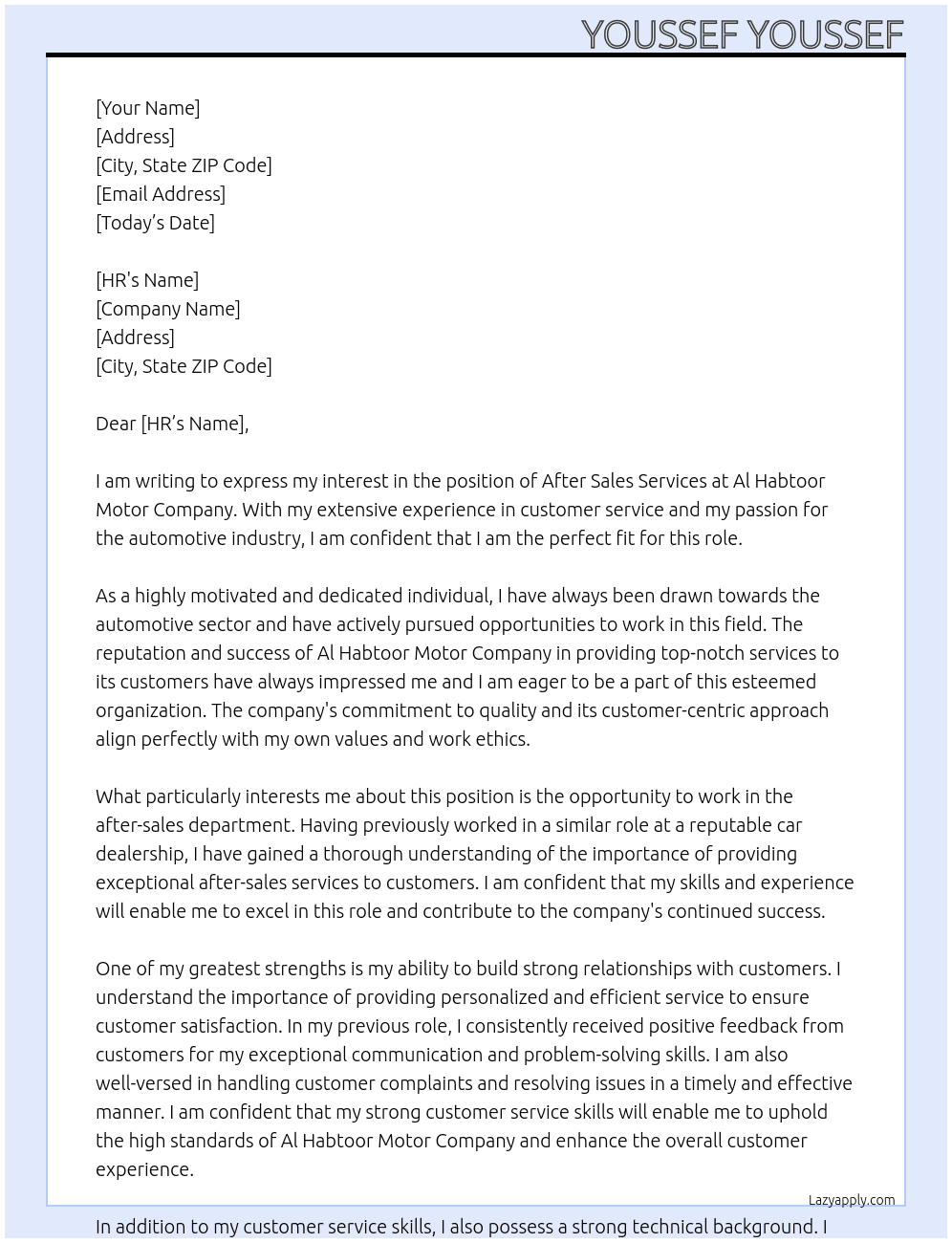 After sales Services At Al Habtoor Motor Company Cover Letter