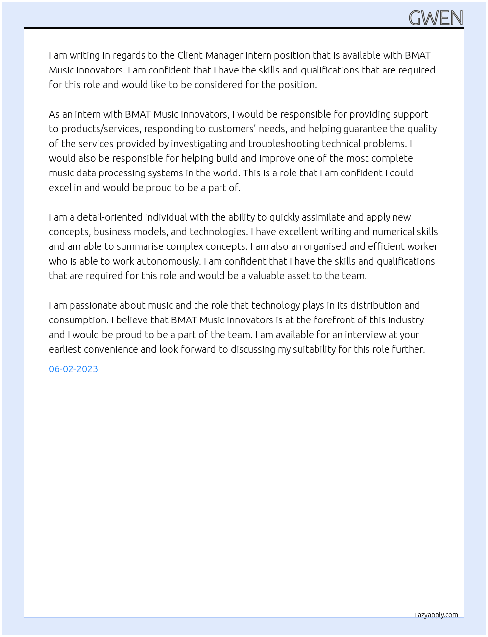 Client Manager Intern (Italian language) At BMAT Music Innovators  Cover Letter