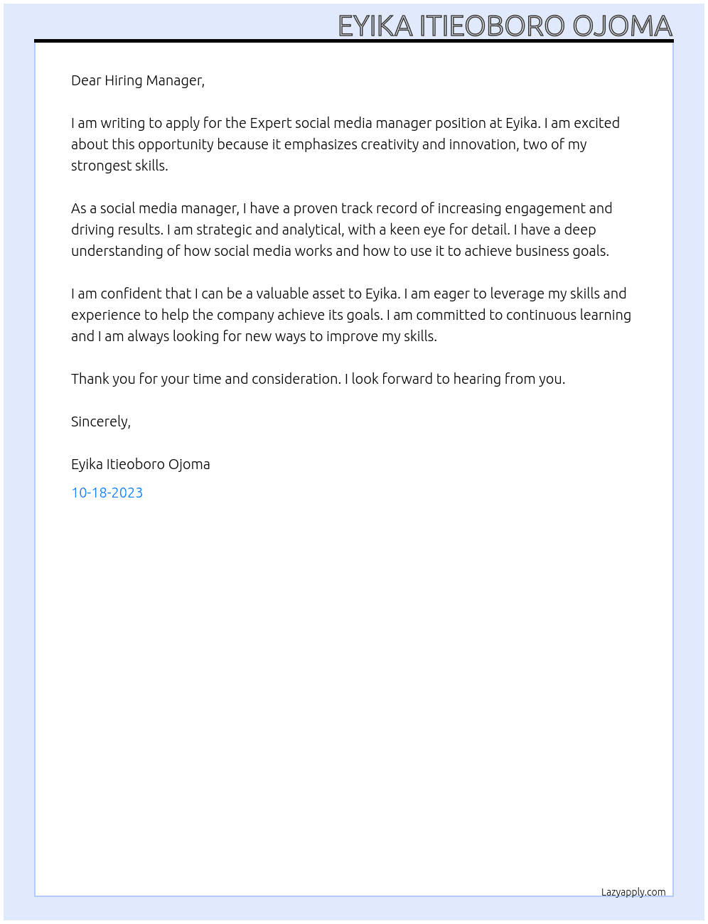 Expert social media manager  At Eyika Cover Letter