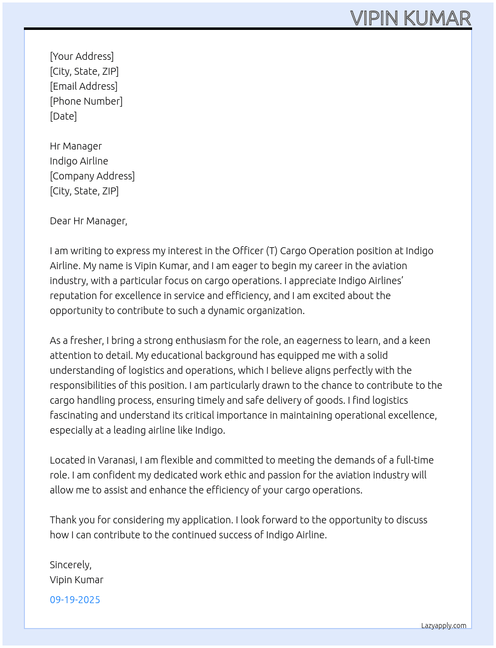 Officer (T) cargo opertion  At Indigo airline Cover Letter