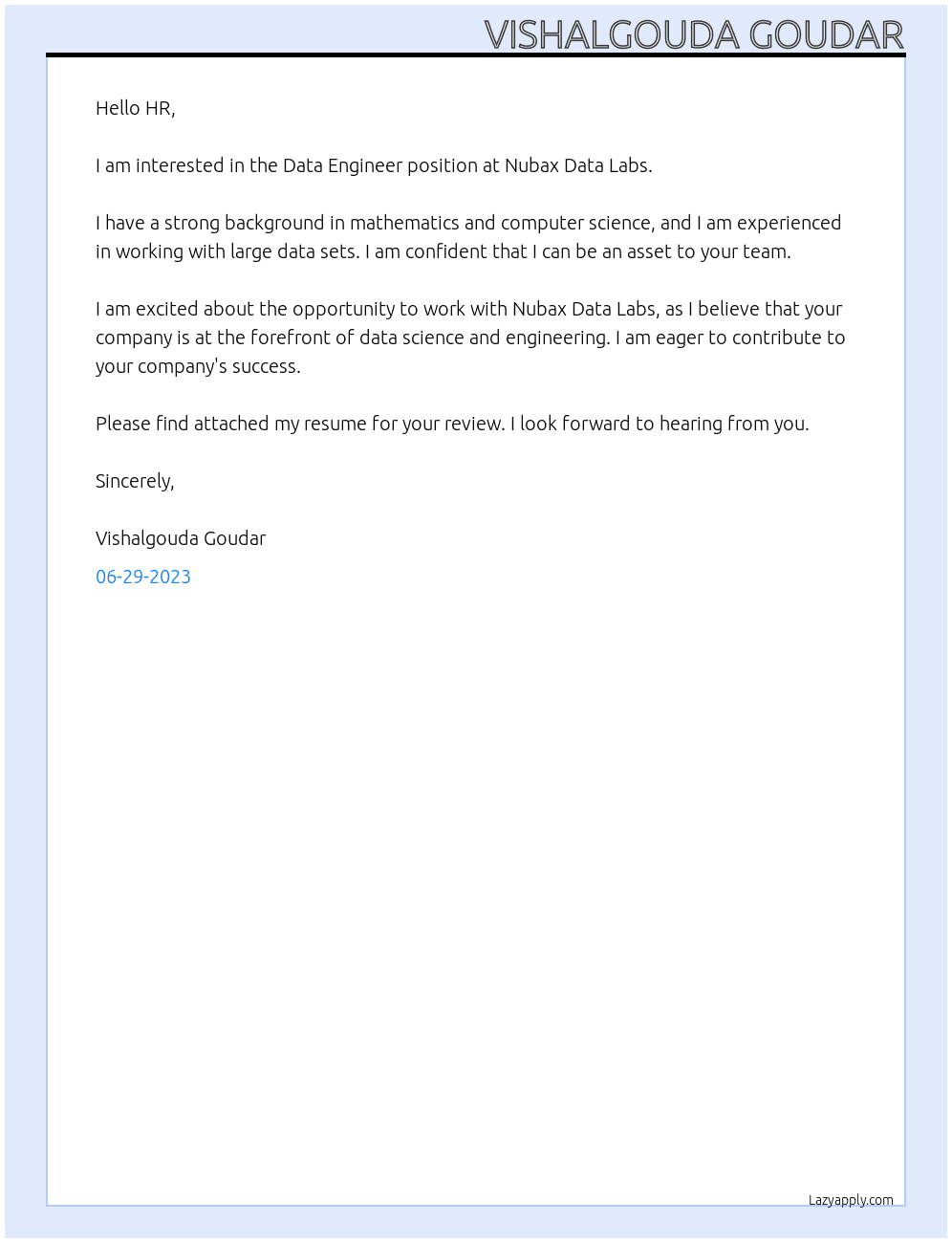 Data engineer At Nubax Data Labs Cover Letter