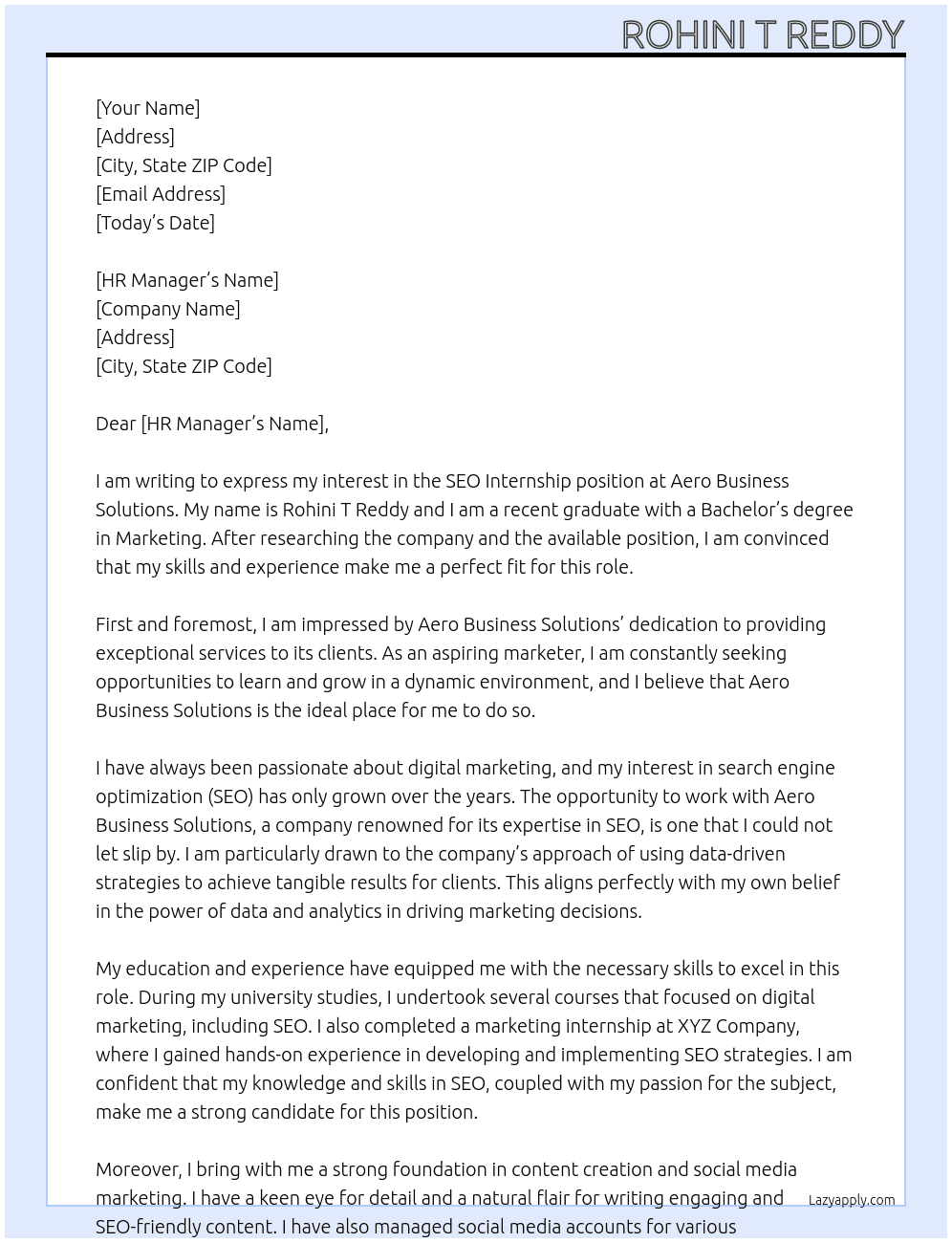 seo internship At Aero Business Solutions Cover Letter