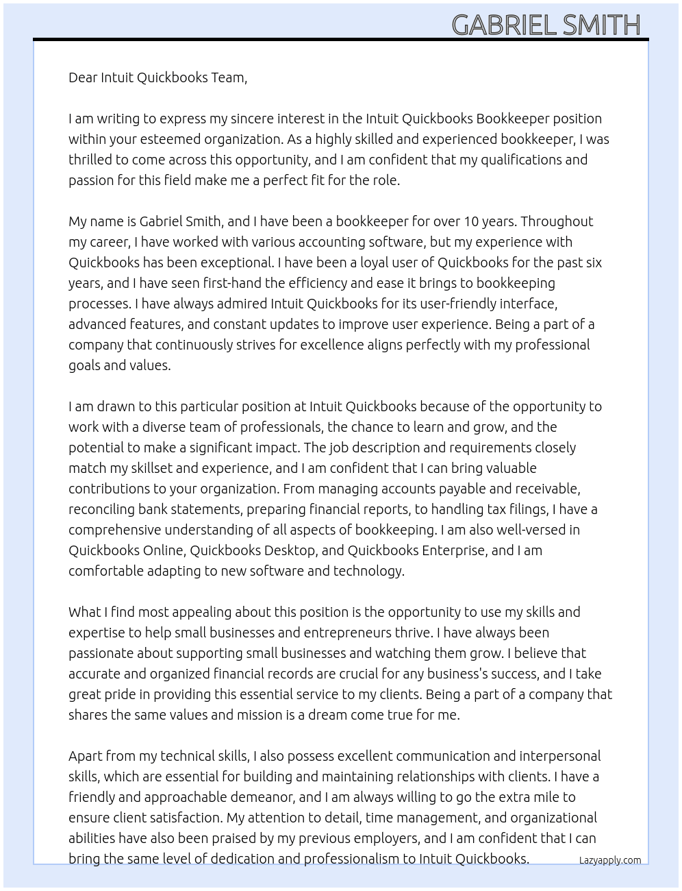 Intuit Quickbooks Bookkeeper At Intuit Quickbooks Cover Letter