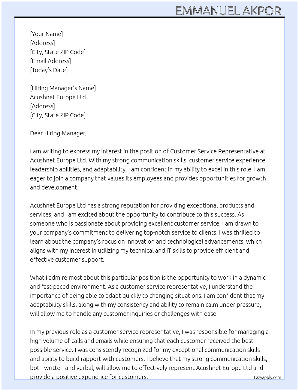 Customer Service Representative  At Acushnet Europe Ltd  Cover Letter