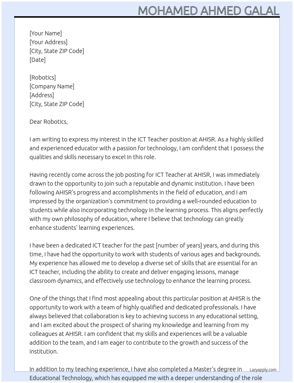 ICT Teacher At AHISR Cover Letter