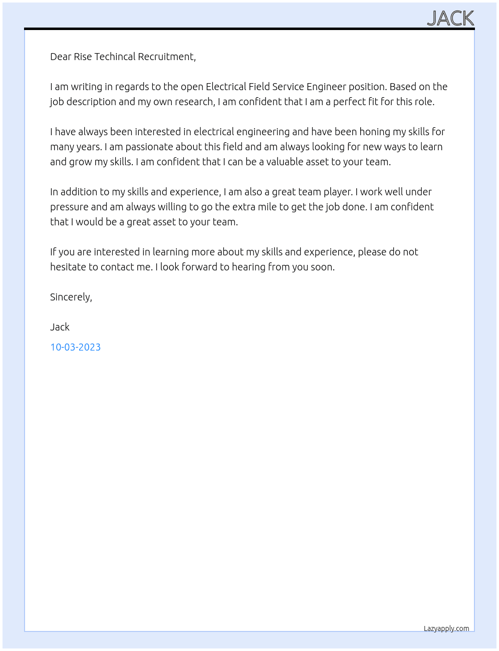 Electrical Field Service Engineer At Rise Techincal Recruitment Cover Letter