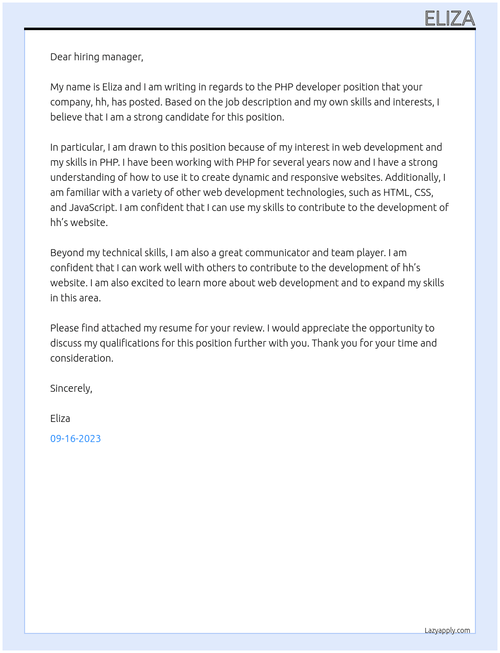PHP developer At hh Cover Letter