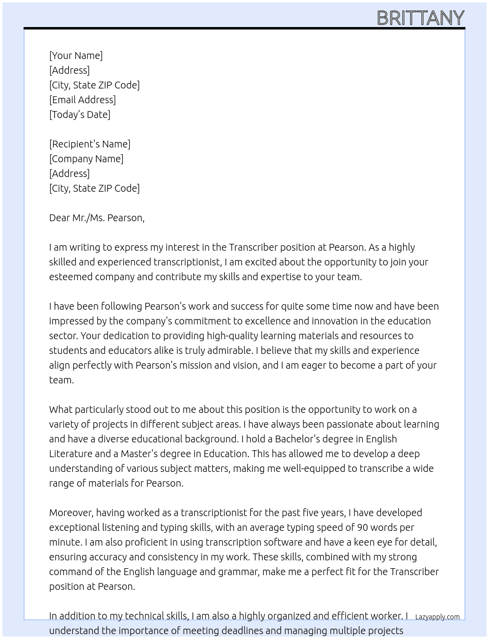 Transcriber At Pearson Cover Letter