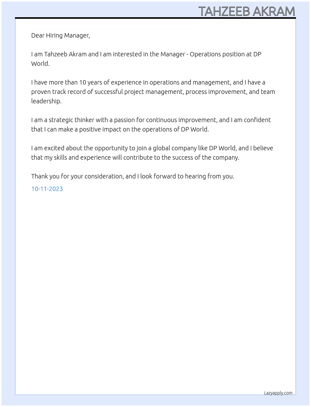 Manager - Operations  At DP World Cover Letter
